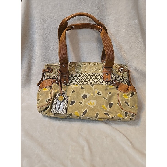 Fossil Women's Floral Handbag Green‎ Canvas Leather Trim Hobo Purse w/Key - Picture 1 of 9